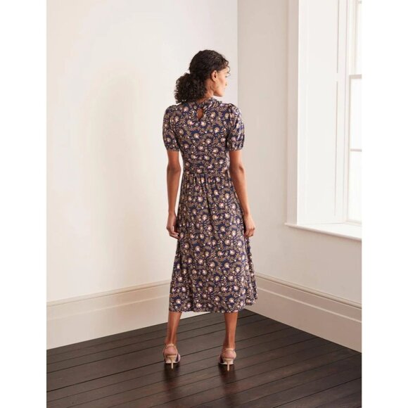BODEN Flora Green Navy Floral Jersey Belted Puff Sleeve Midi Dress, Size 12 - Picture 5 of 15